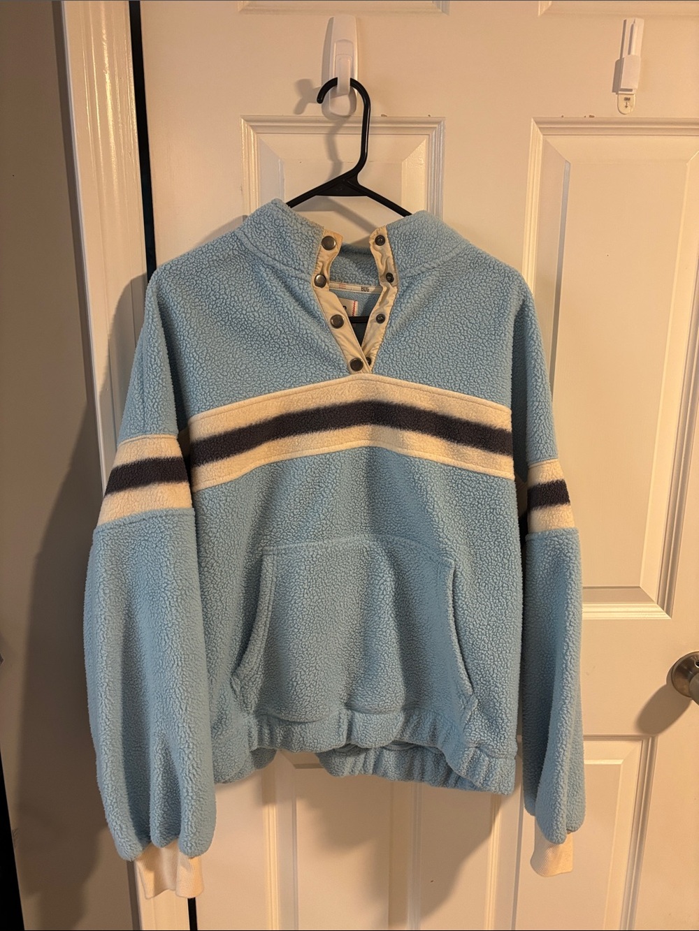 BDG Light Blue Sherpa Zip-Up Pullover with Cream & Navy Stripes